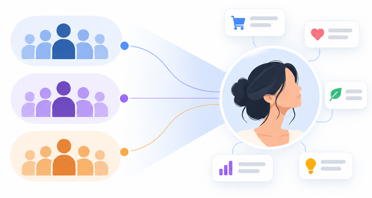 Three groups of customers feeding into a single customer profile with purchase, preference and insight signals