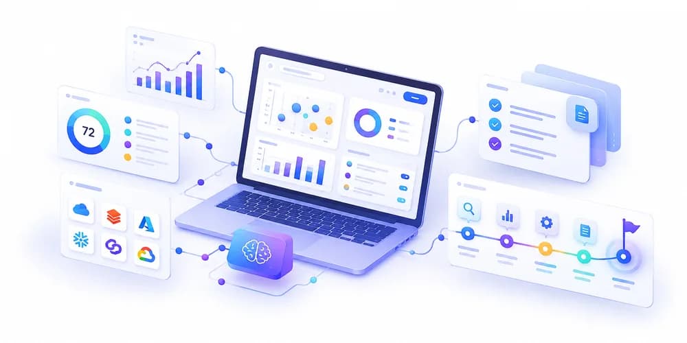Laptop showing AI readiness scores with cloud, data and roadmap panels
