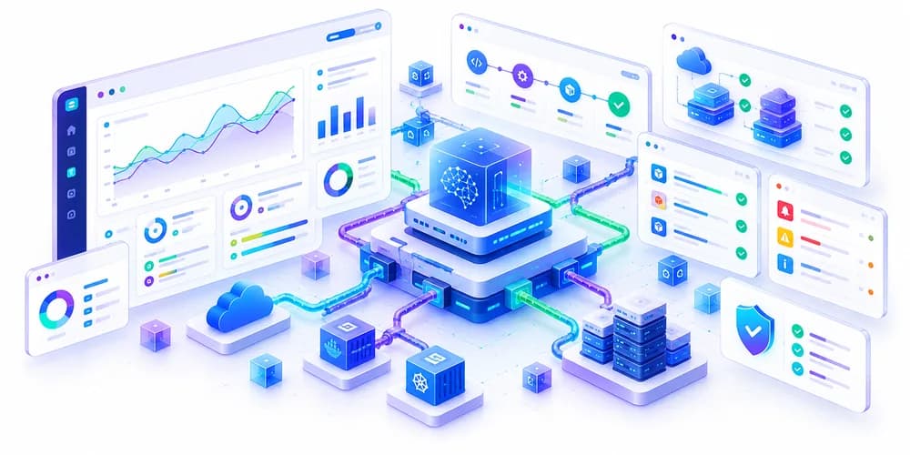 AI core platform with dashboards, servers, security shield and monitoring panels