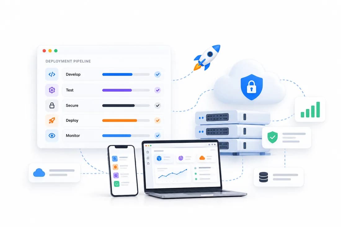 Deployment pipeline with a secured cloud, servers, a laptop and a phone