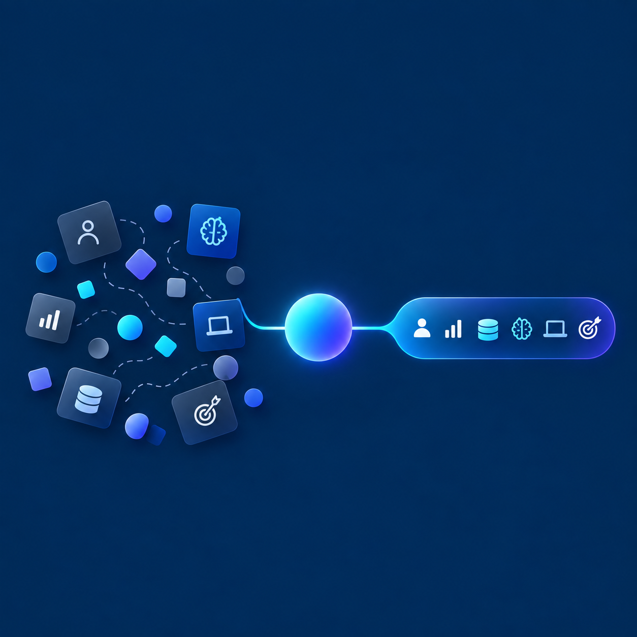 Scattered data points connecting into one intelligence stream